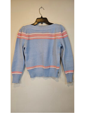 Vintage 80s Andrew St John Sweater M Blue Pastel Striped Puff Sleeve Preppy